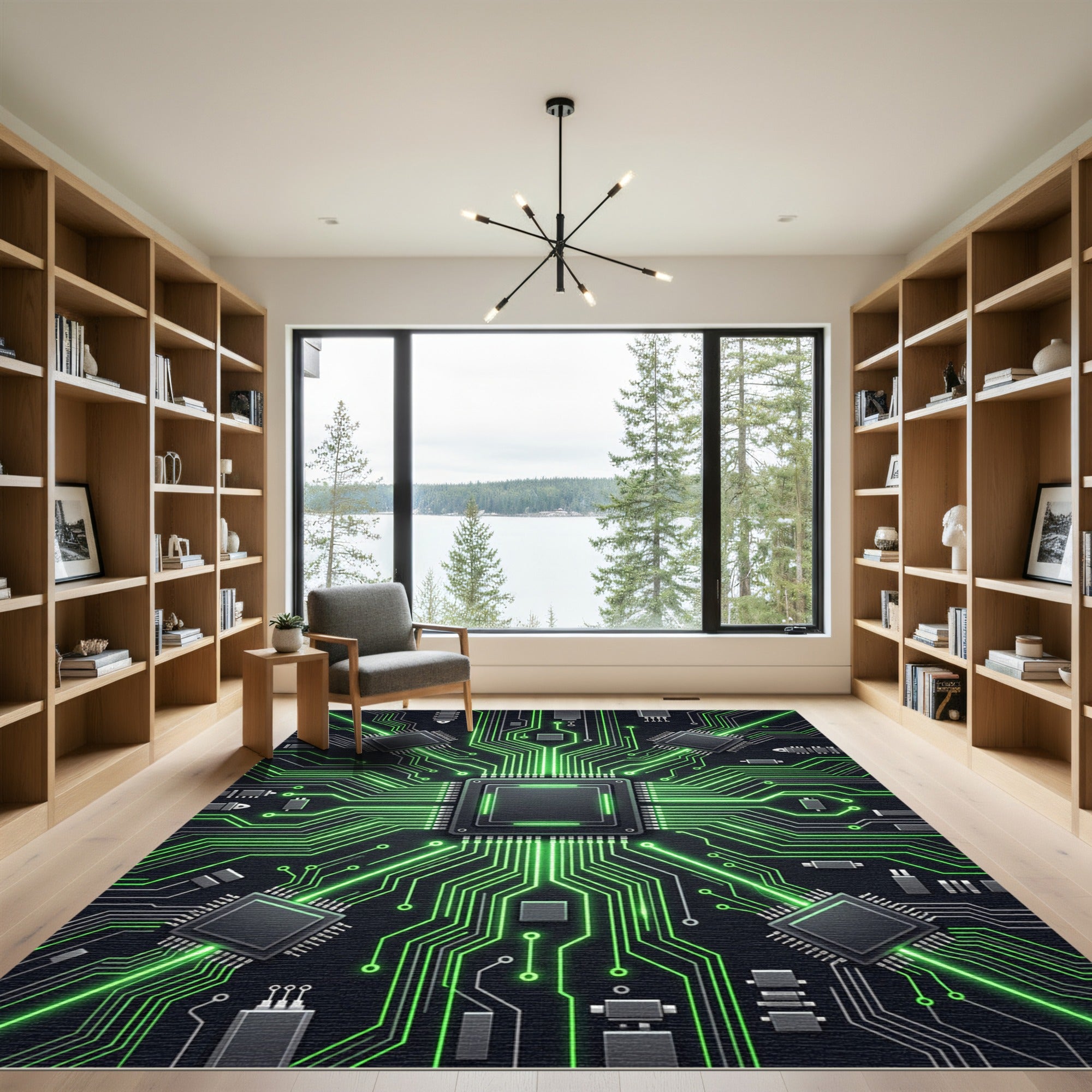 Luminous Emerald Circuitry Sci-Fi Glow Rug