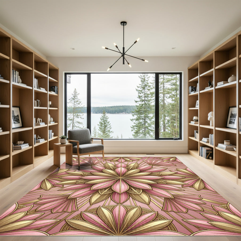 Art Deco Blush Pink Golden Lotus Rug