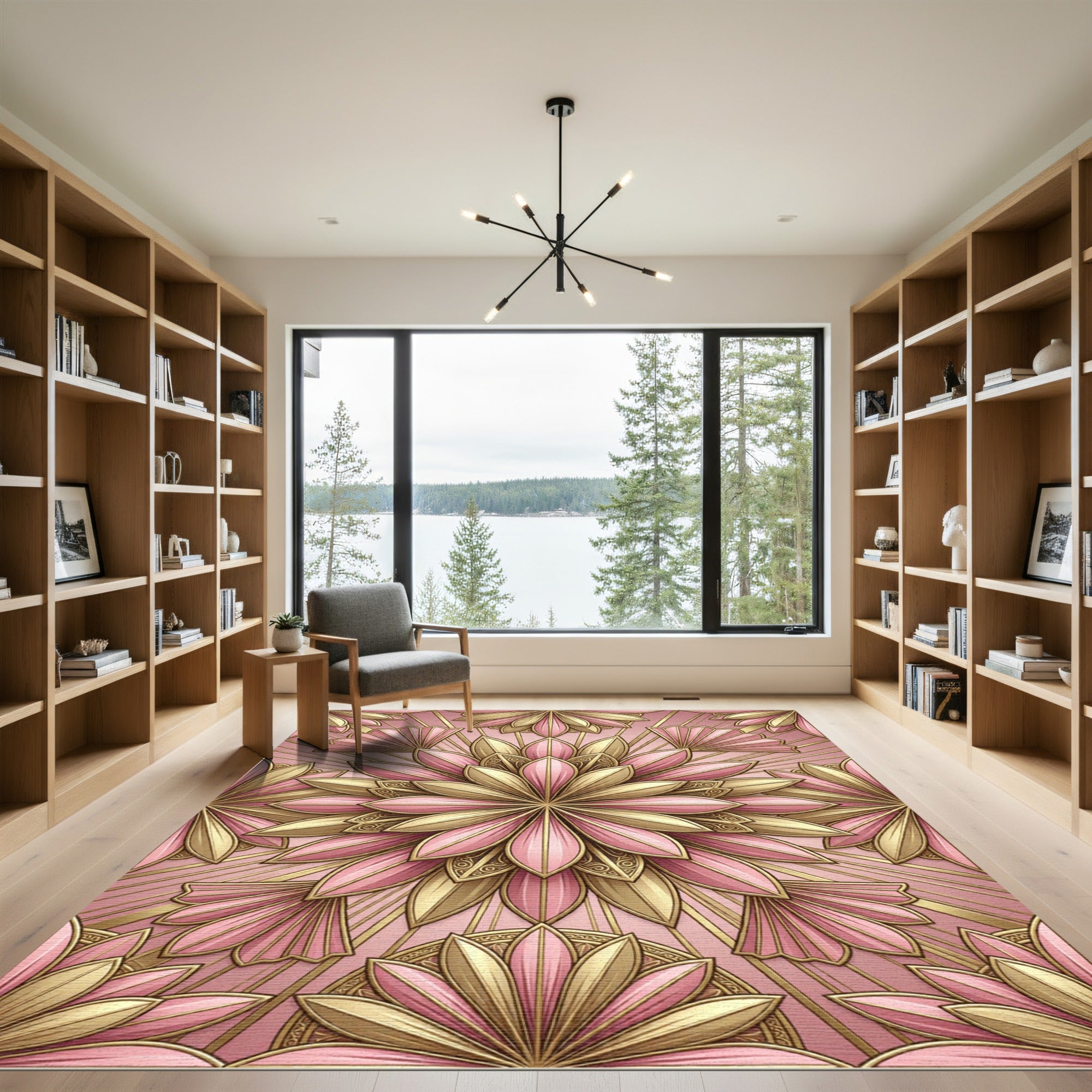 Art Deco Blush Pink Golden Lotus Rug
