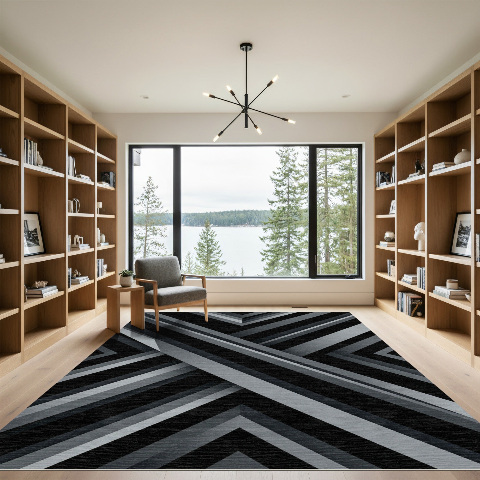 Modern Monochrome Geometric Angular Layers Rug