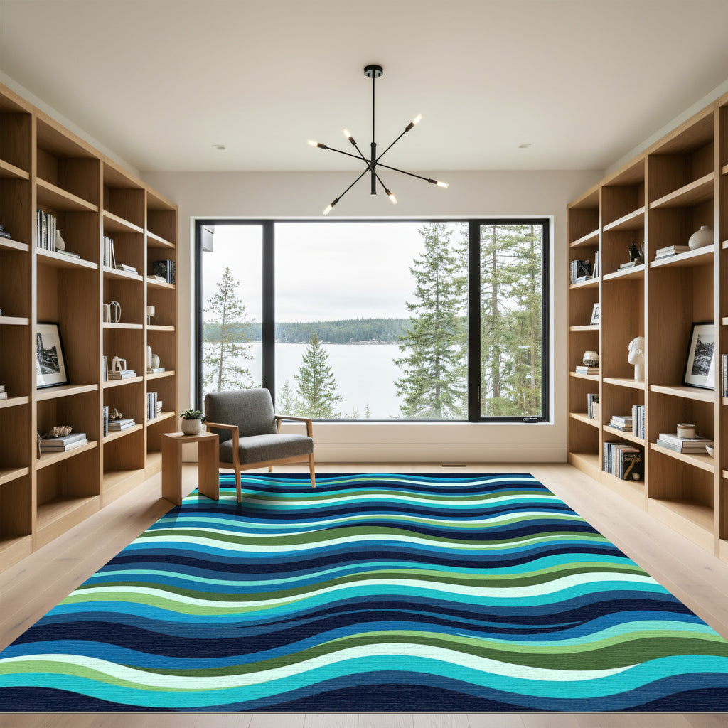 Modern Navy and Teal Wavy Stripe Rug