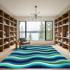 Modern Navy and Teal Wavy Stripe Rug