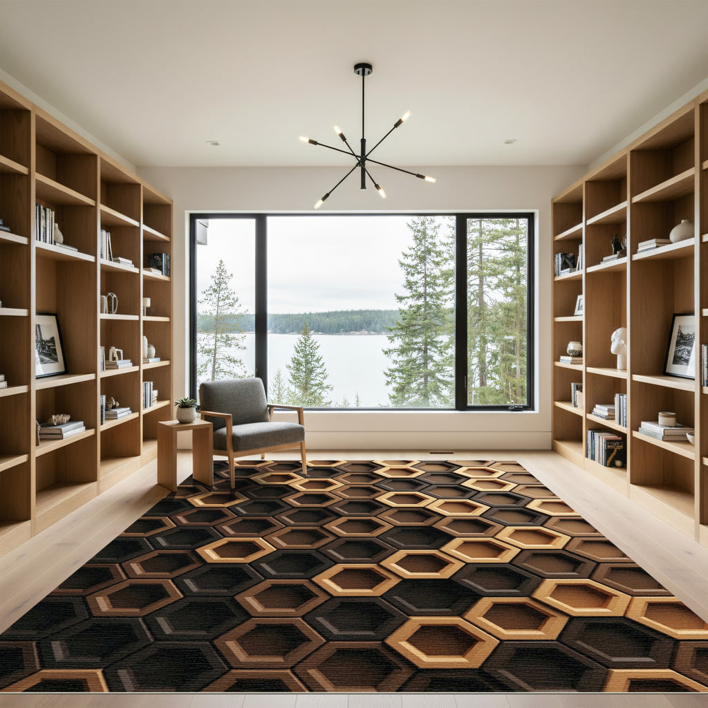 Modern Earthy Brown Geometric Hexagon Rug
