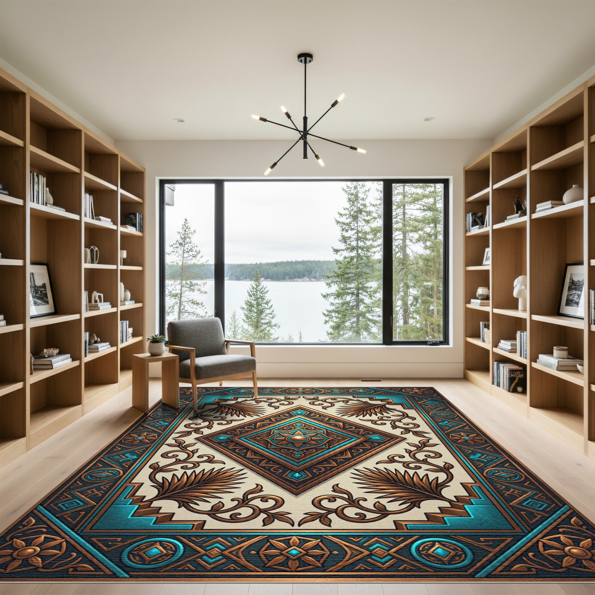 Ornate Teal Copper Geometric Diamond Rug