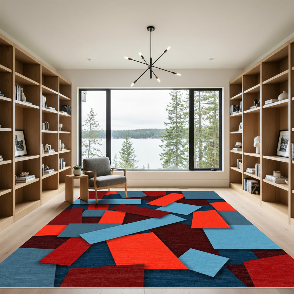 Modern Blue Red Geometric Montage Rug