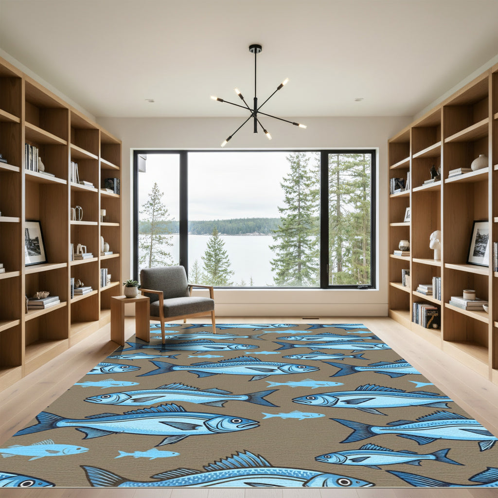 Coastal Blue School of Fish Illustration Rug