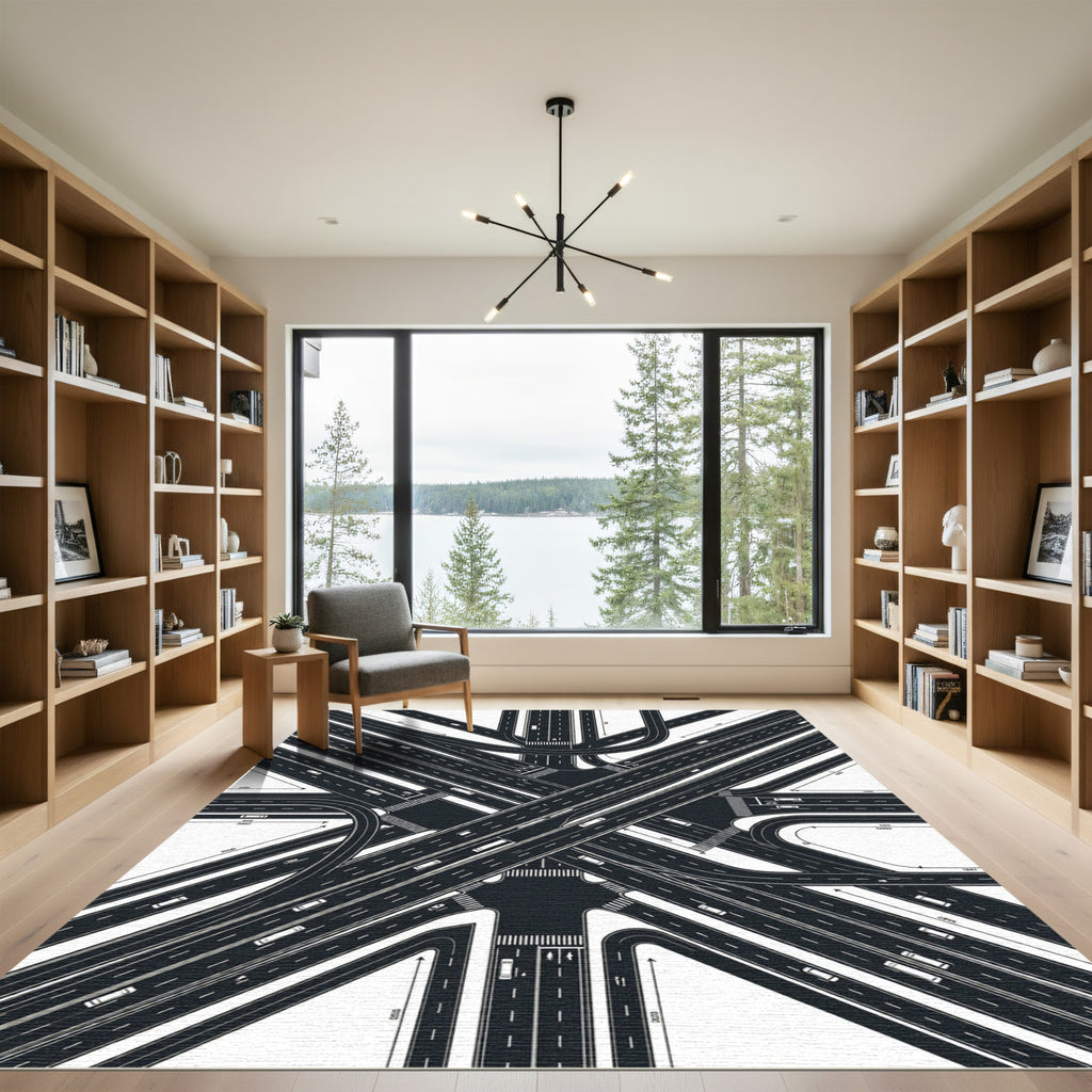 Modern Monochrome Highway Intersection Abstract Rug