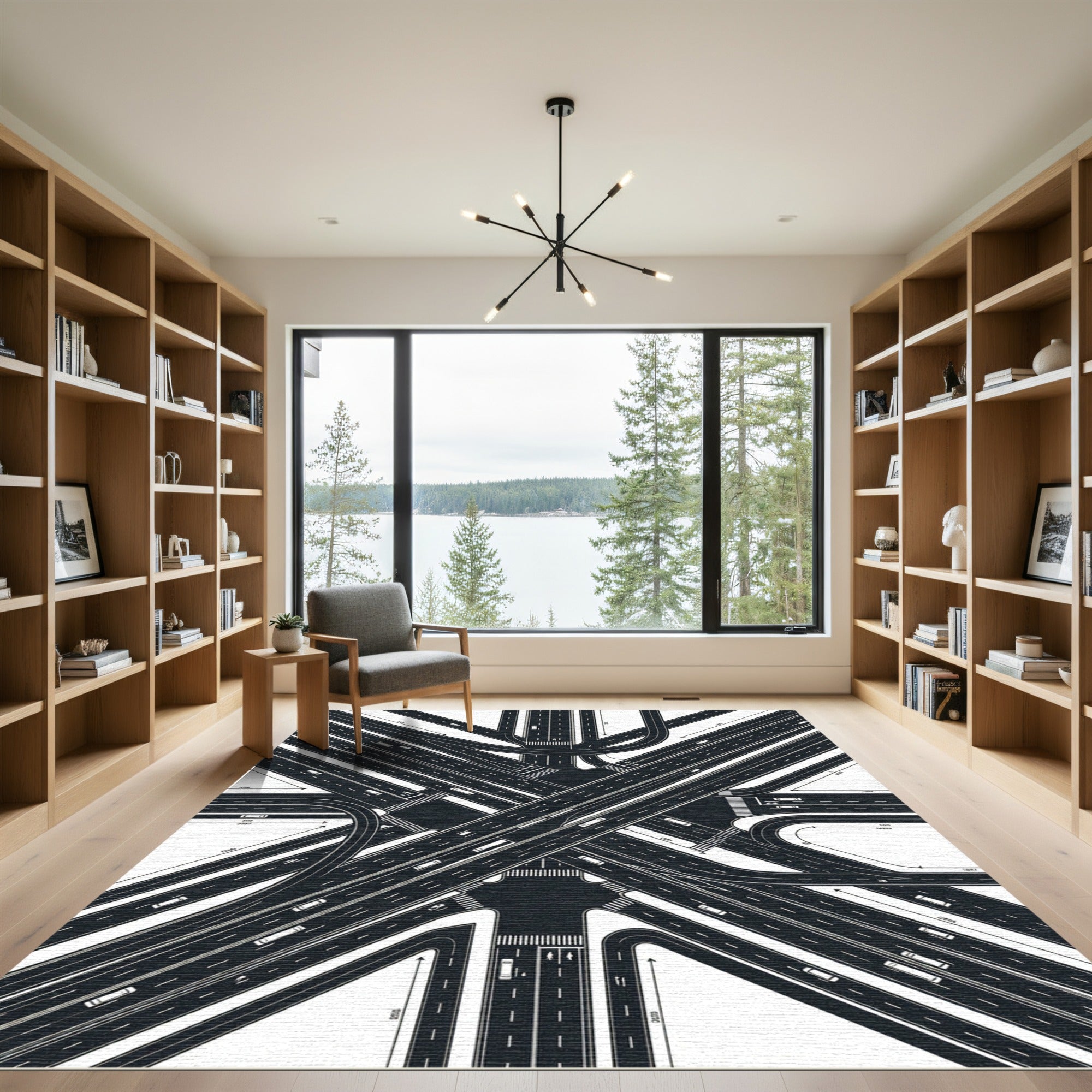 Modern Monochrome Highway Intersection Abstract Rug