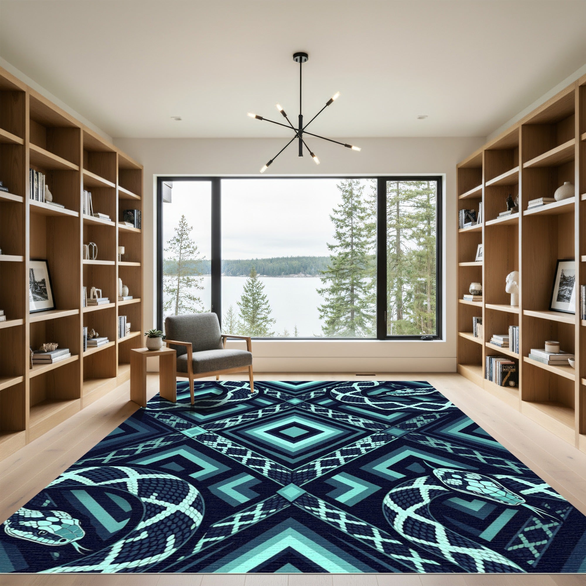 Geometric Serpent Teal Diamond Border Rug