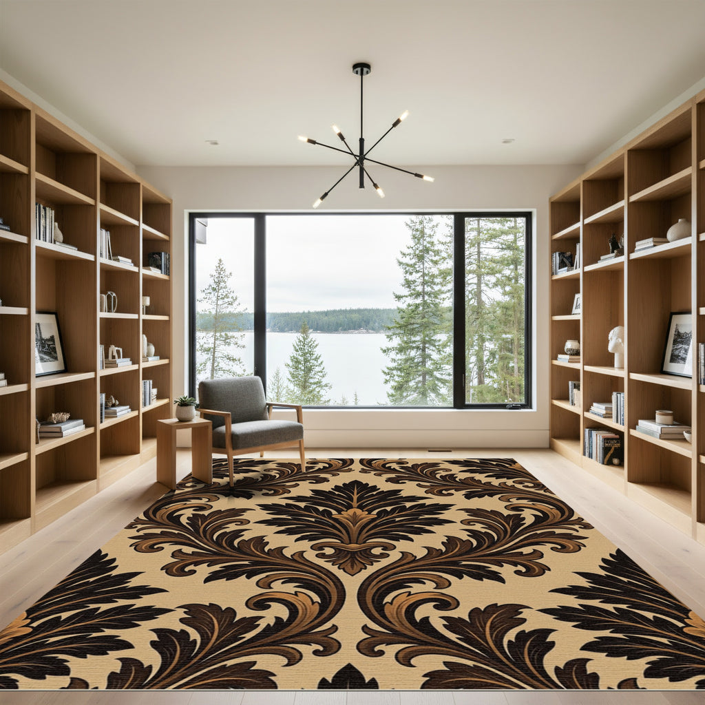 Ornate Acanthus Scrollwork Brown Rug