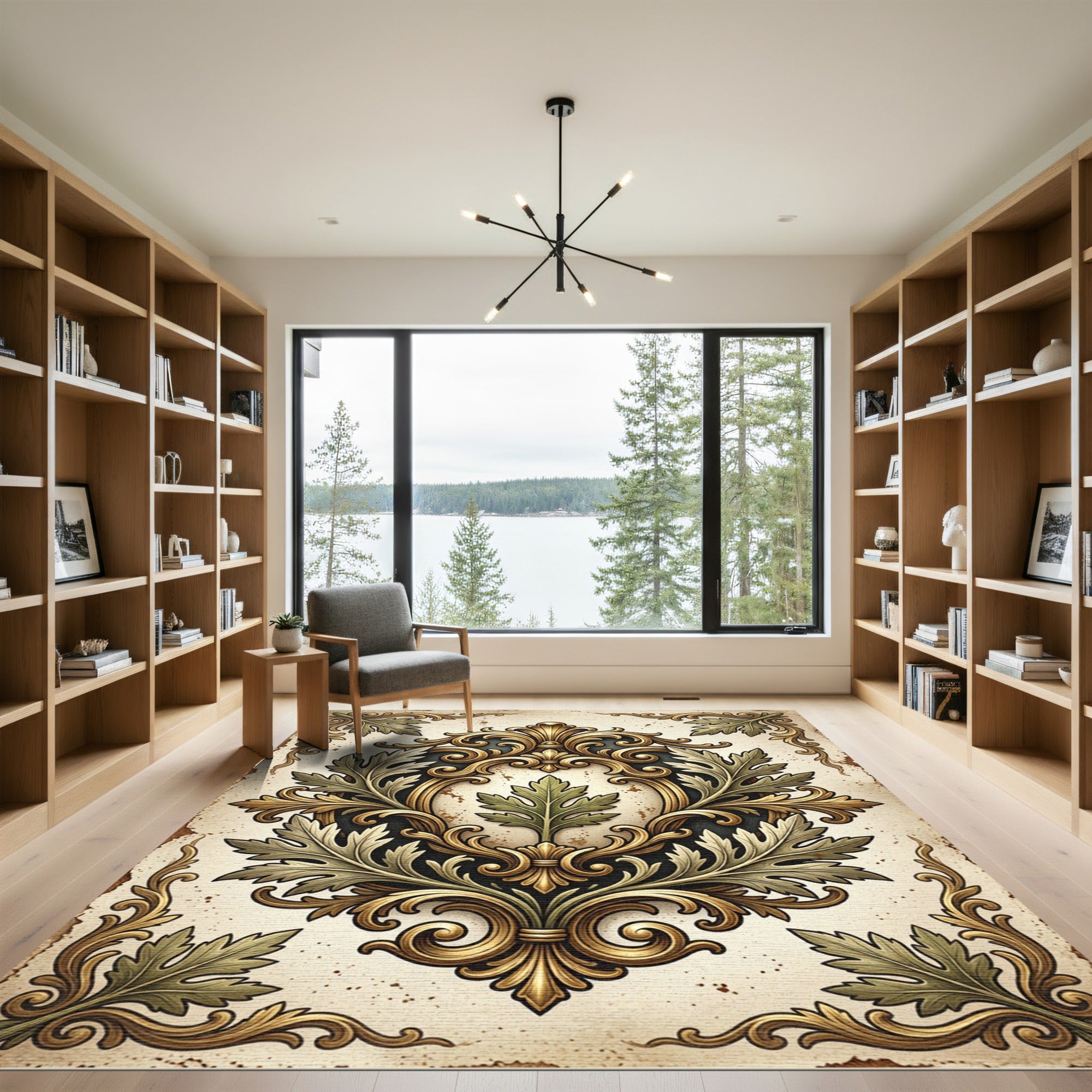 Ornate Golden Foliage Damask Scroll Rug