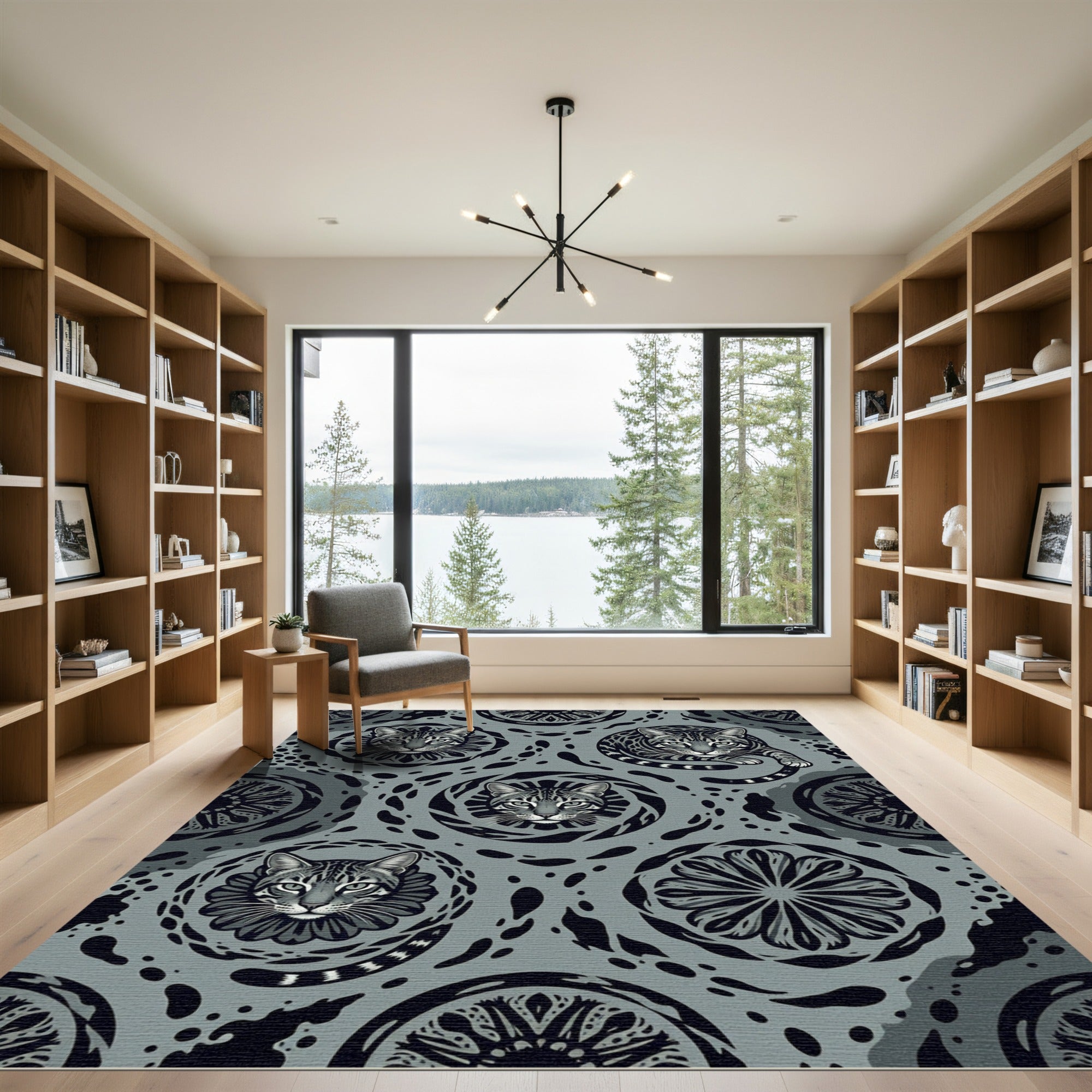 Monochromatic Feline Roundel Mandala Rug