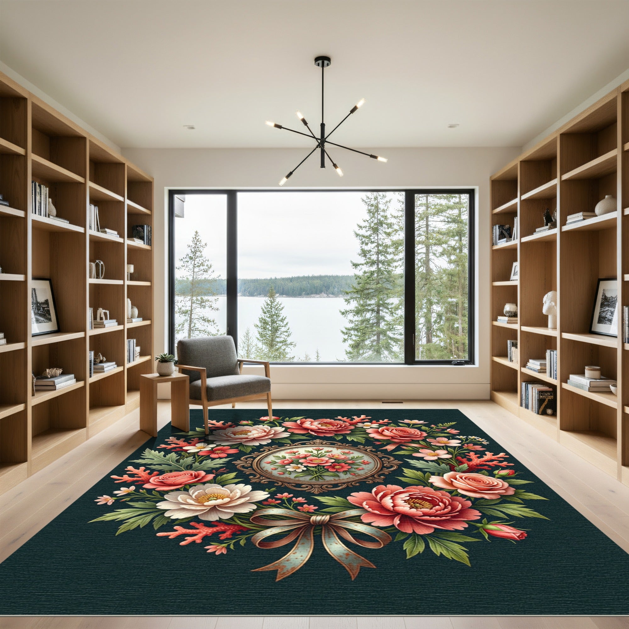 Elegant Floral Bouquet Coral Wreath Rug