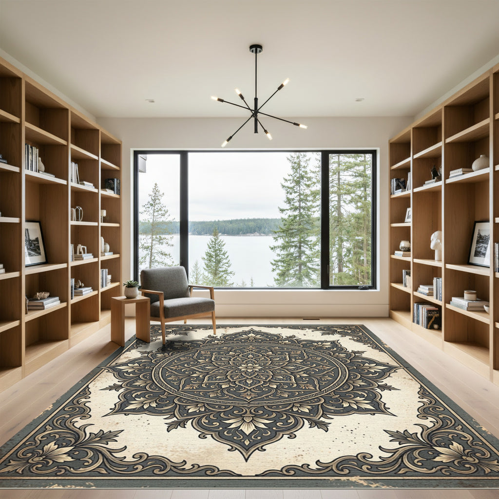 Elegant Slate Floral Damask Medallion Rug