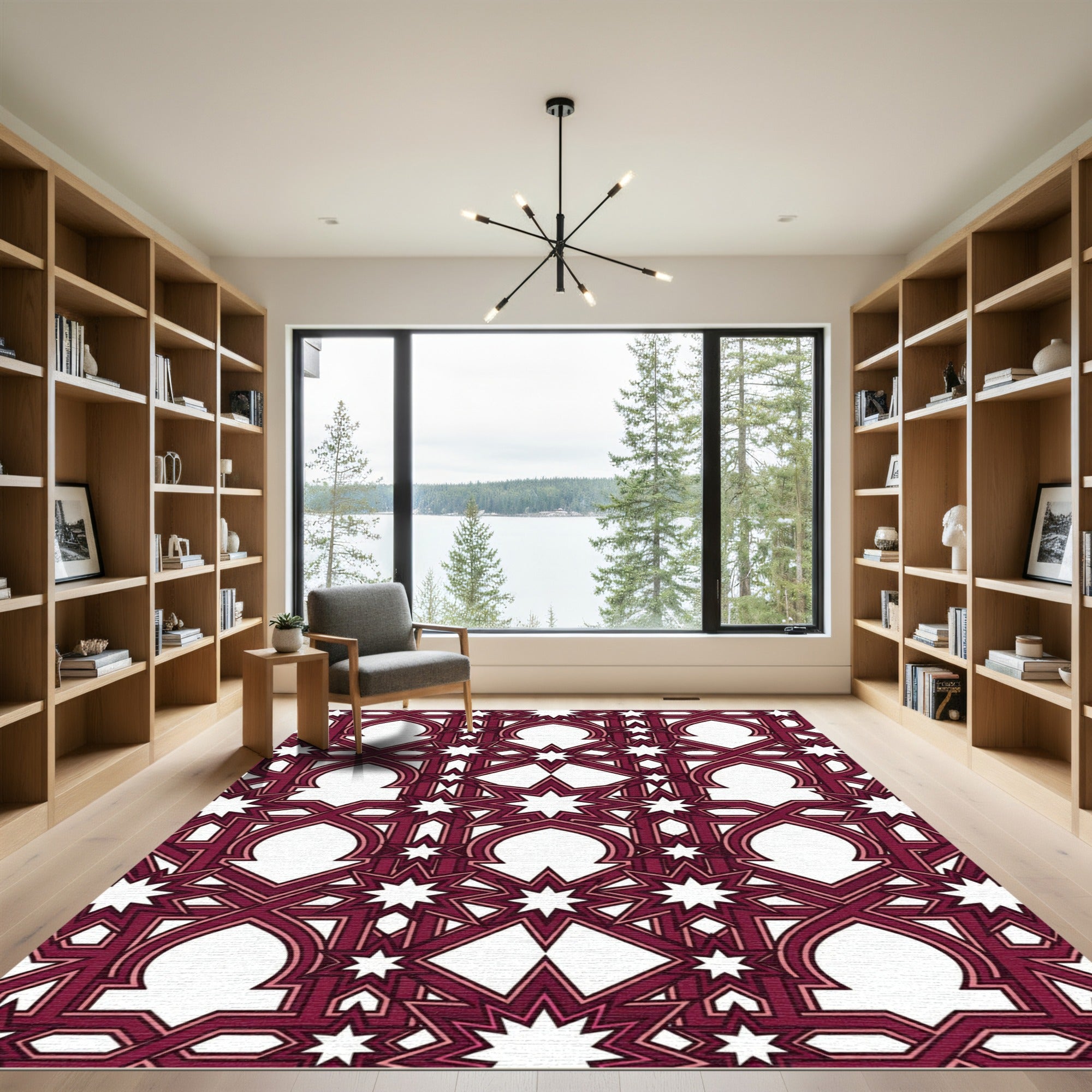 Deep Burgundy Geometric Star Lattice Rug