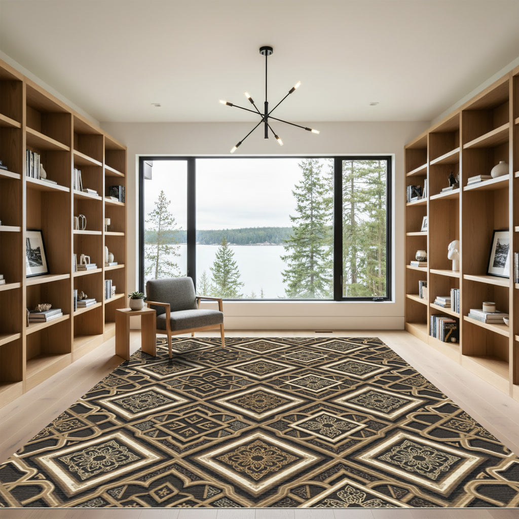 Elegant Gold Geometric Brocade Tile Rug
