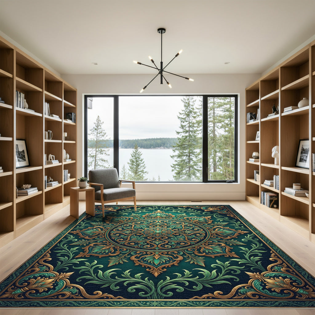 Emerald Ornate Filigree Floral Medallion Rug