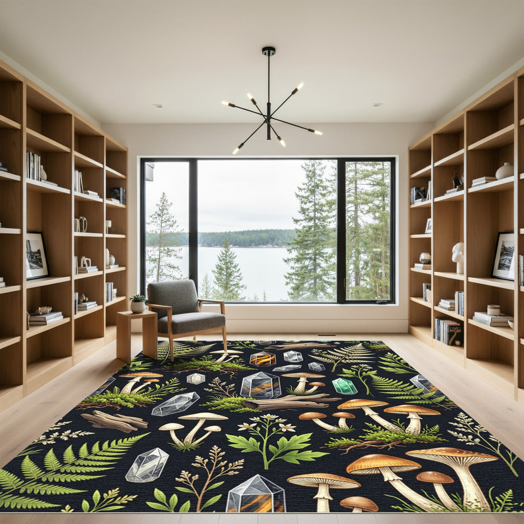 Earthy Forest Mushroom Crystal Fern Botanical Rug