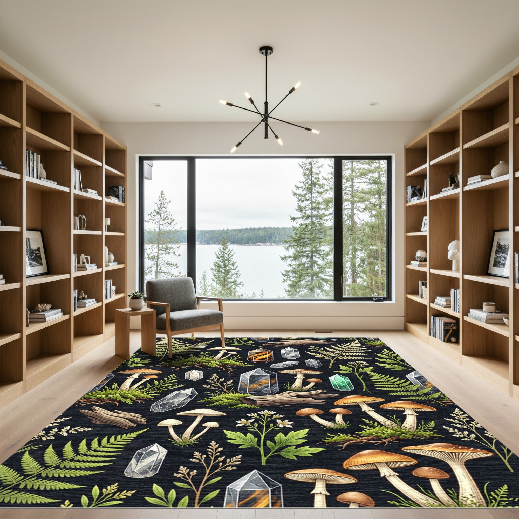 Earthy Forest Mushroom Crystal Fern Botanical Rug