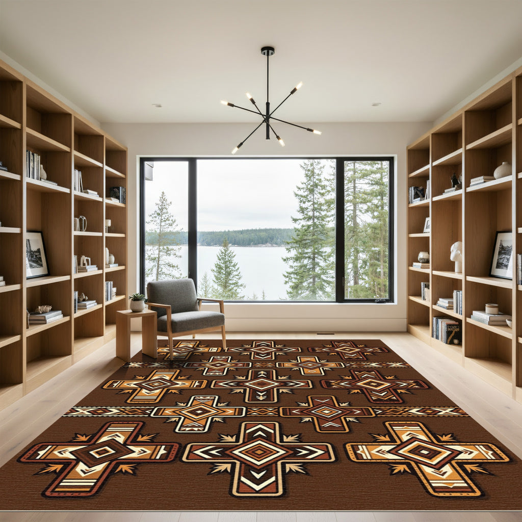 Earthy Brown Geometric Cross Motif Rug