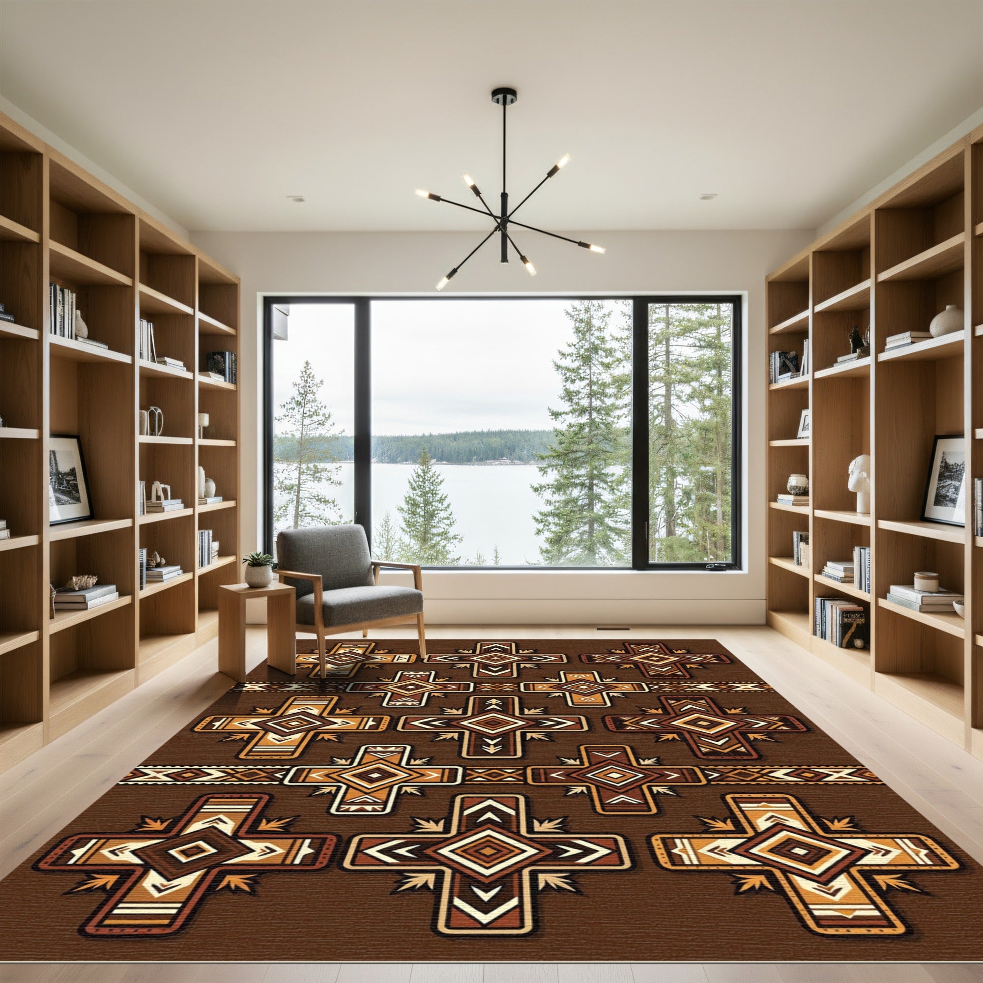 Earthy Brown Geometric Cross Motif Rug
