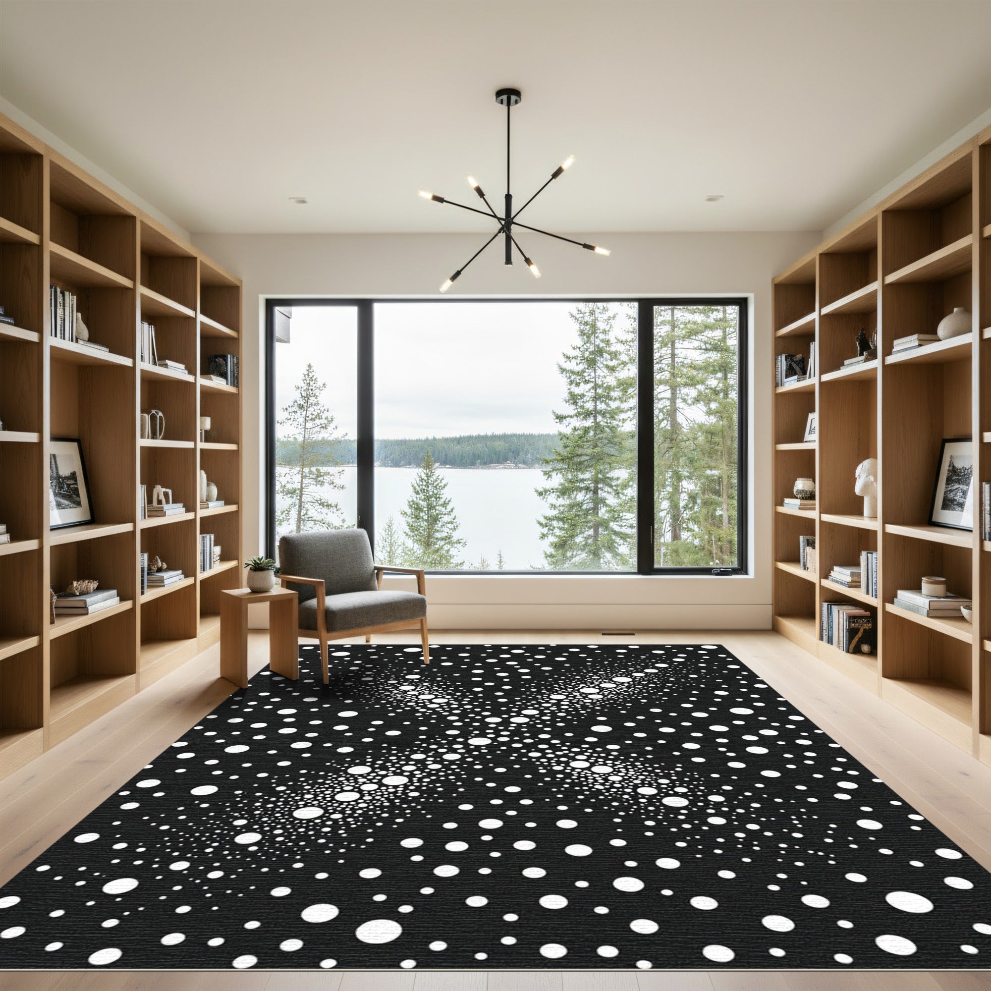 Modern Black White Dot Burst Rug