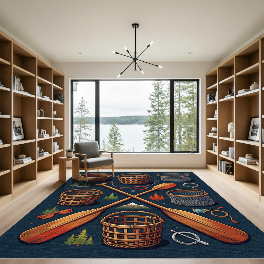 Rustic Nautical Oar and Basket Illustration Rug