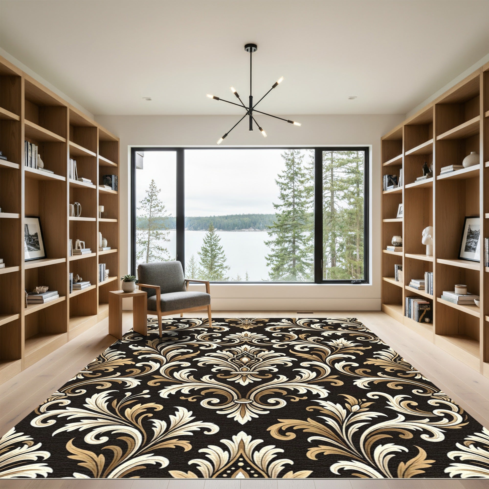 Classic Black Gold Damask Flourish Rug