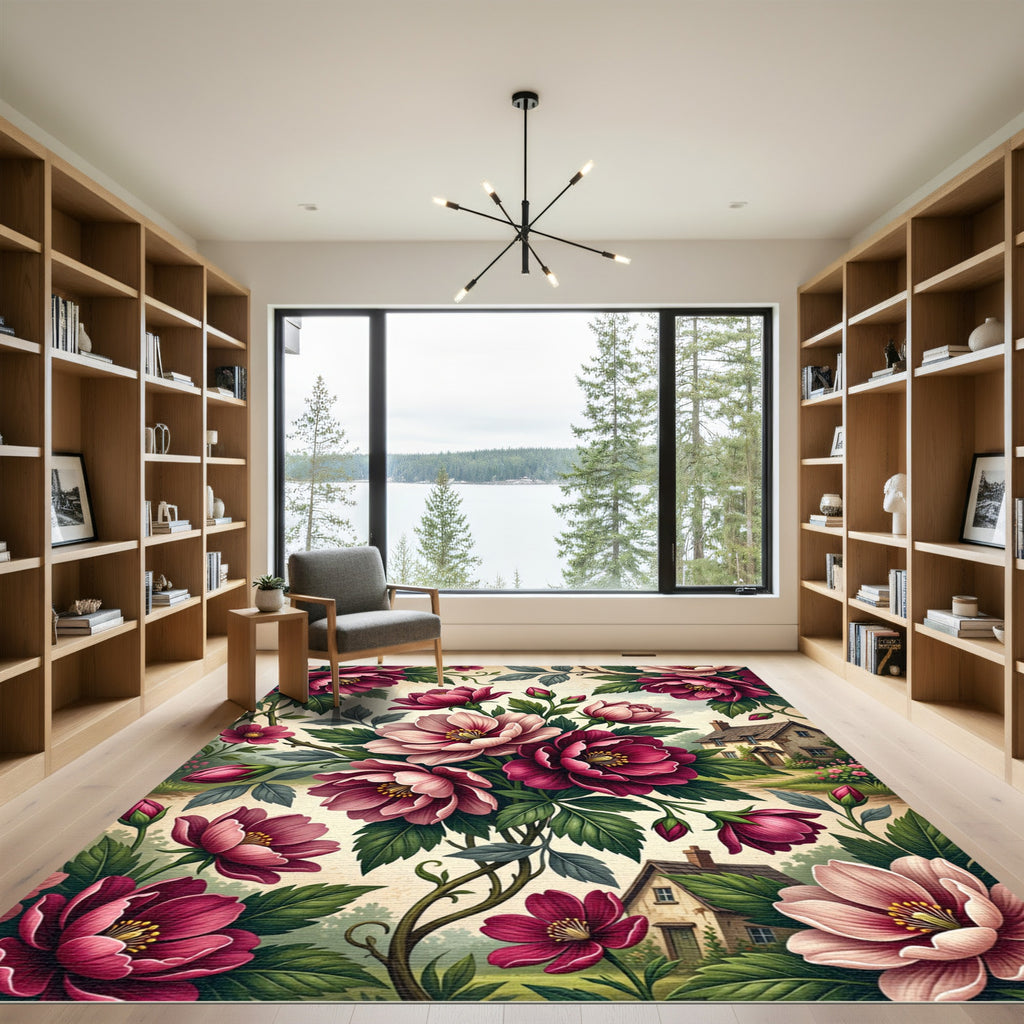 Rich Crimson Blossoms Garden Scene Rug