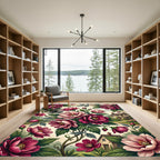 Rich Crimson Blossoms Garden Scene Rug