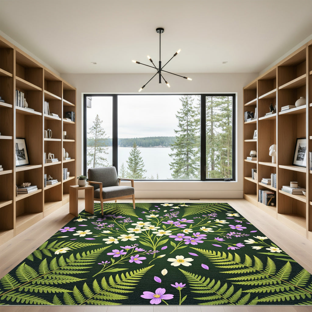 Botanical Fern and Wildflower Forest Meadow Rug