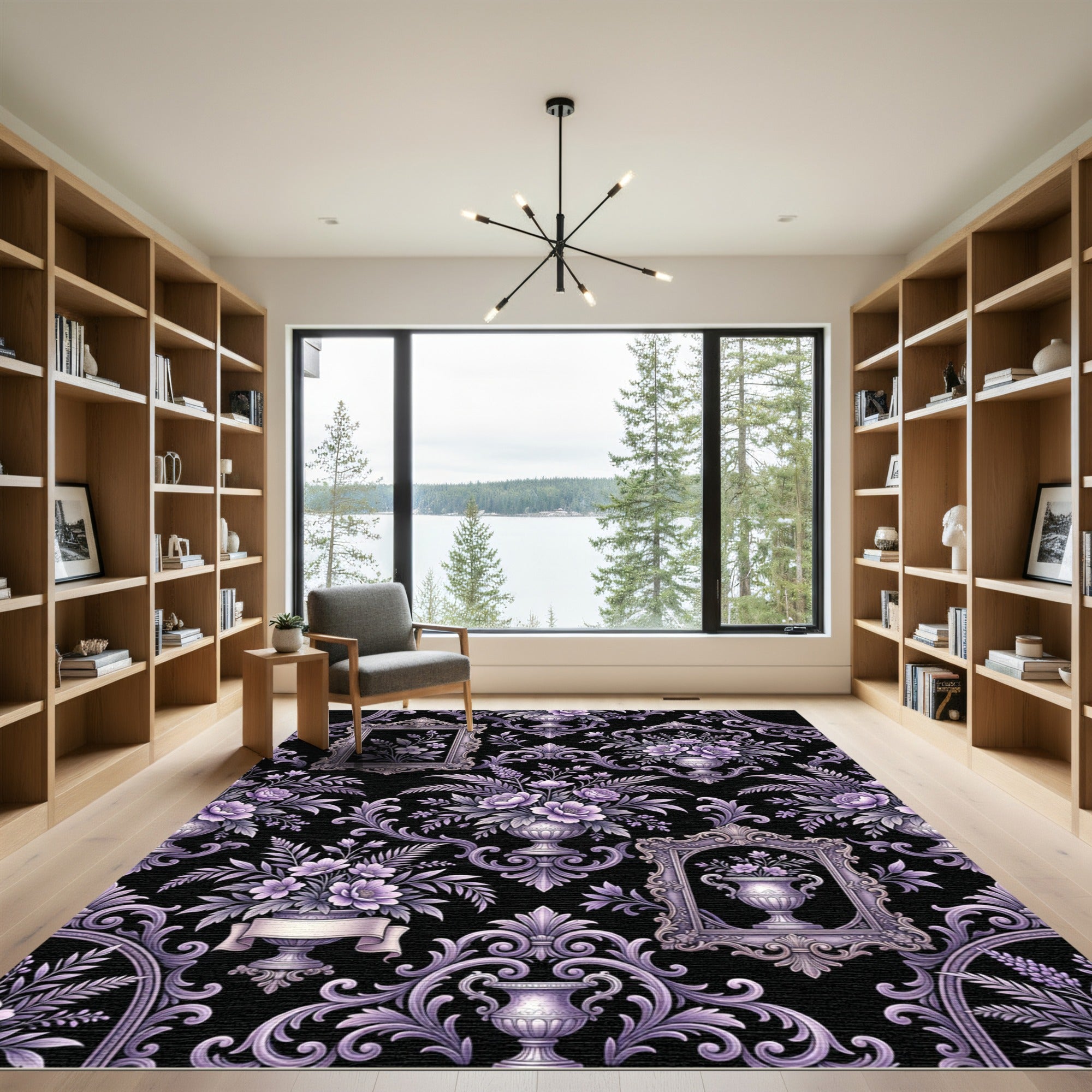 Elegant Purple Floral Damask Gilded Frame Rug