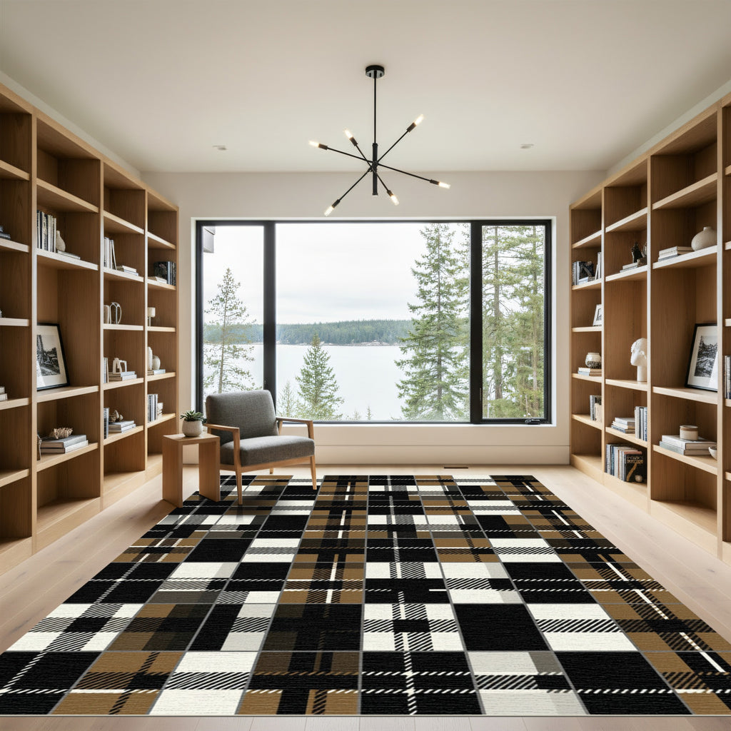 Modern Black And Tan Plaid Rug