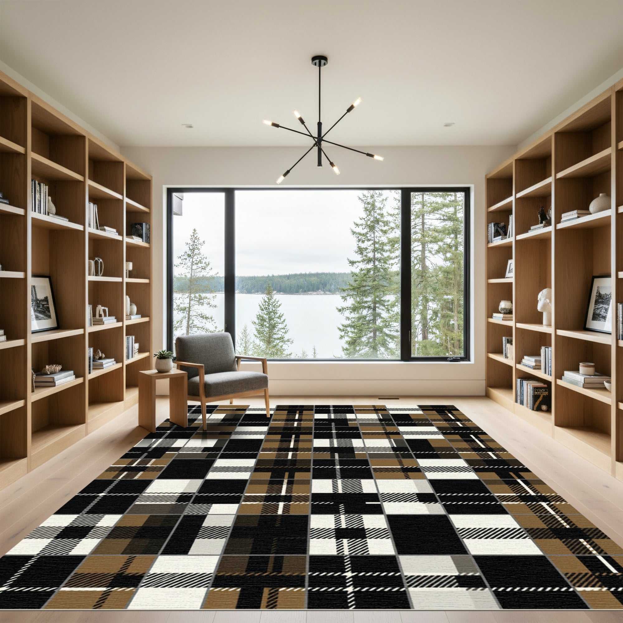 Modern Black And Tan Plaid Rug
