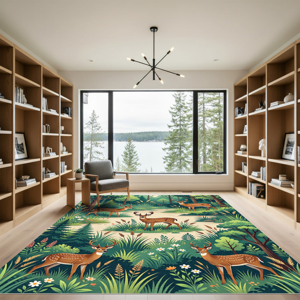 Enchanted Woodland Forest Deer Scene Rug