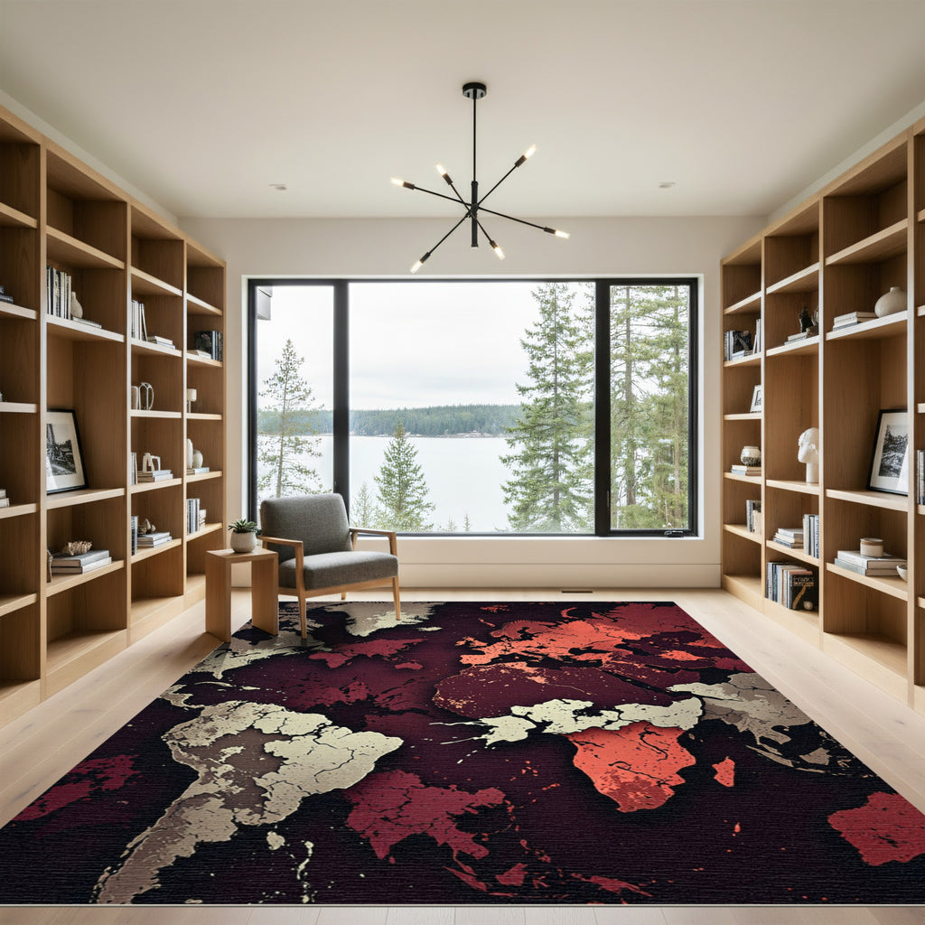 Crimson White World Map Contemporary Rug