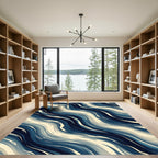 Modern Navy and Cream Abstract Waves Rug