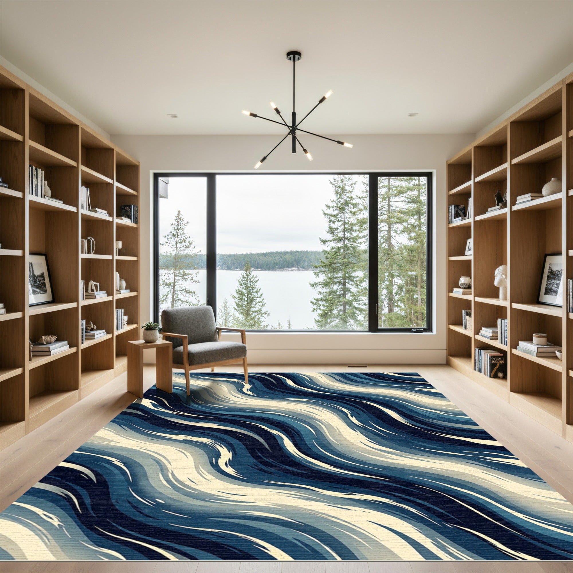 Modern Navy and Cream Abstract Waves Rug