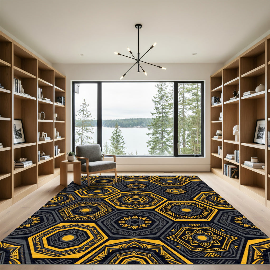Modern Ochre Geometric Hexagonal Medallion Rug
