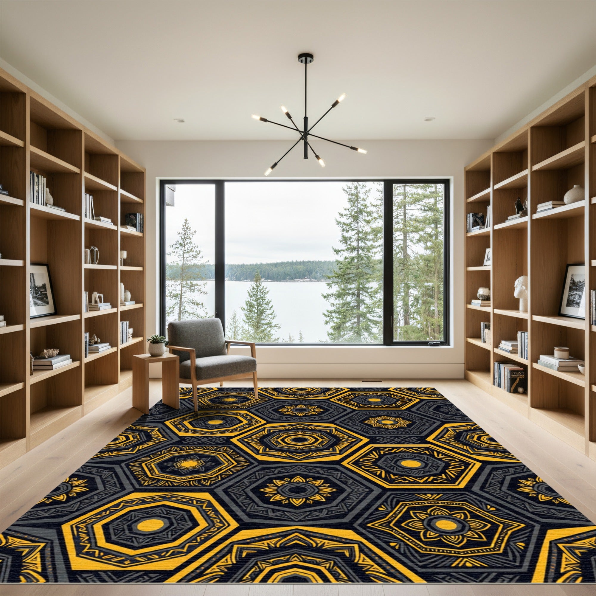 Modern Ochre Geometric Hexagonal Medallion Rug