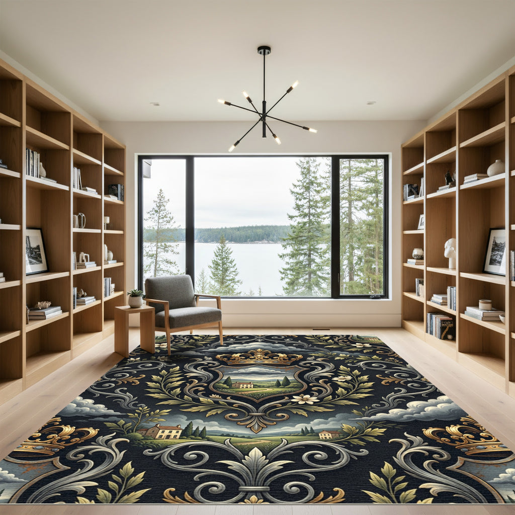 Ornate Gold Crown Crest Landscape Rug