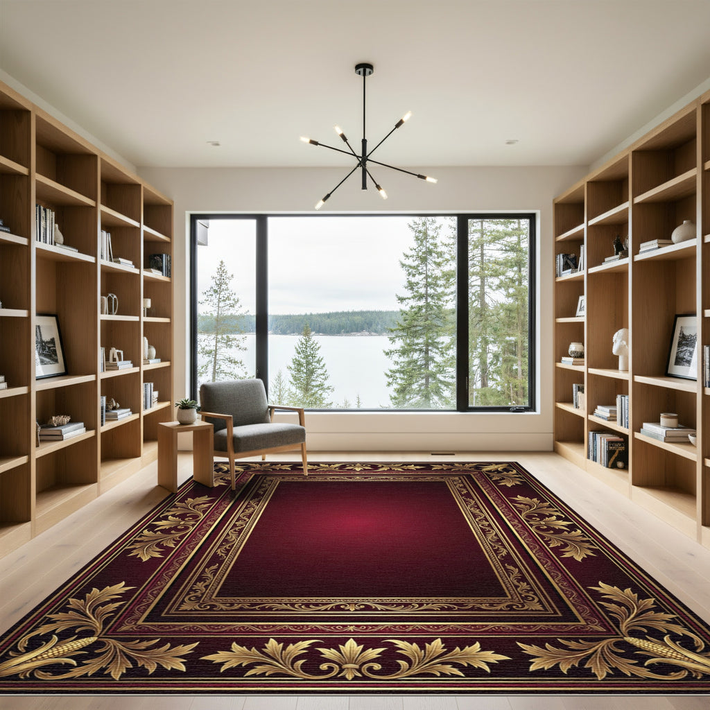 Ornate Gold Filigree Burgundy Border Rug