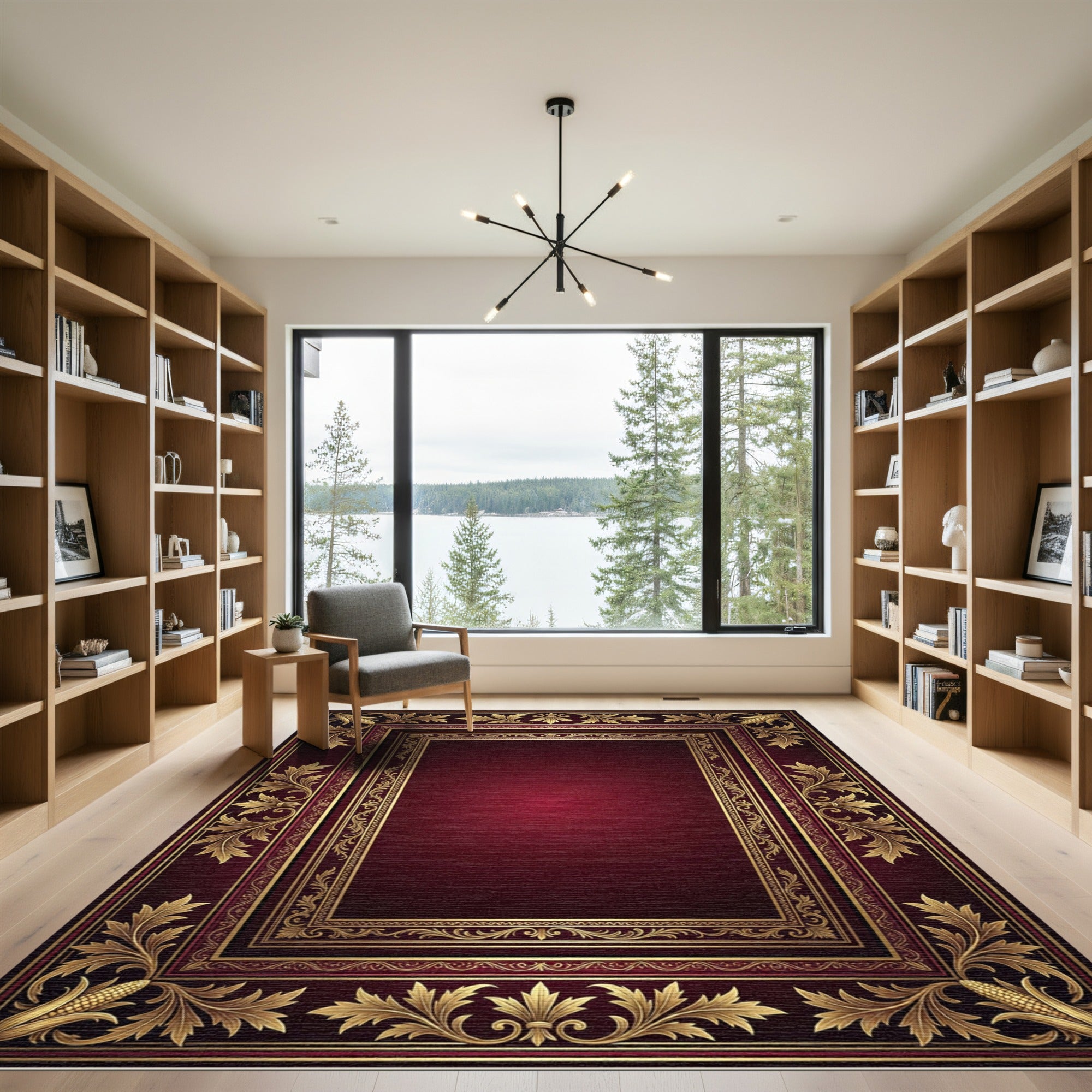 Ornate Gold Filigree Burgundy Border Rug