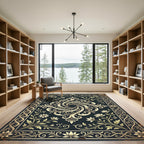 Elegant Navy Floral Swirl Medallion Rug
