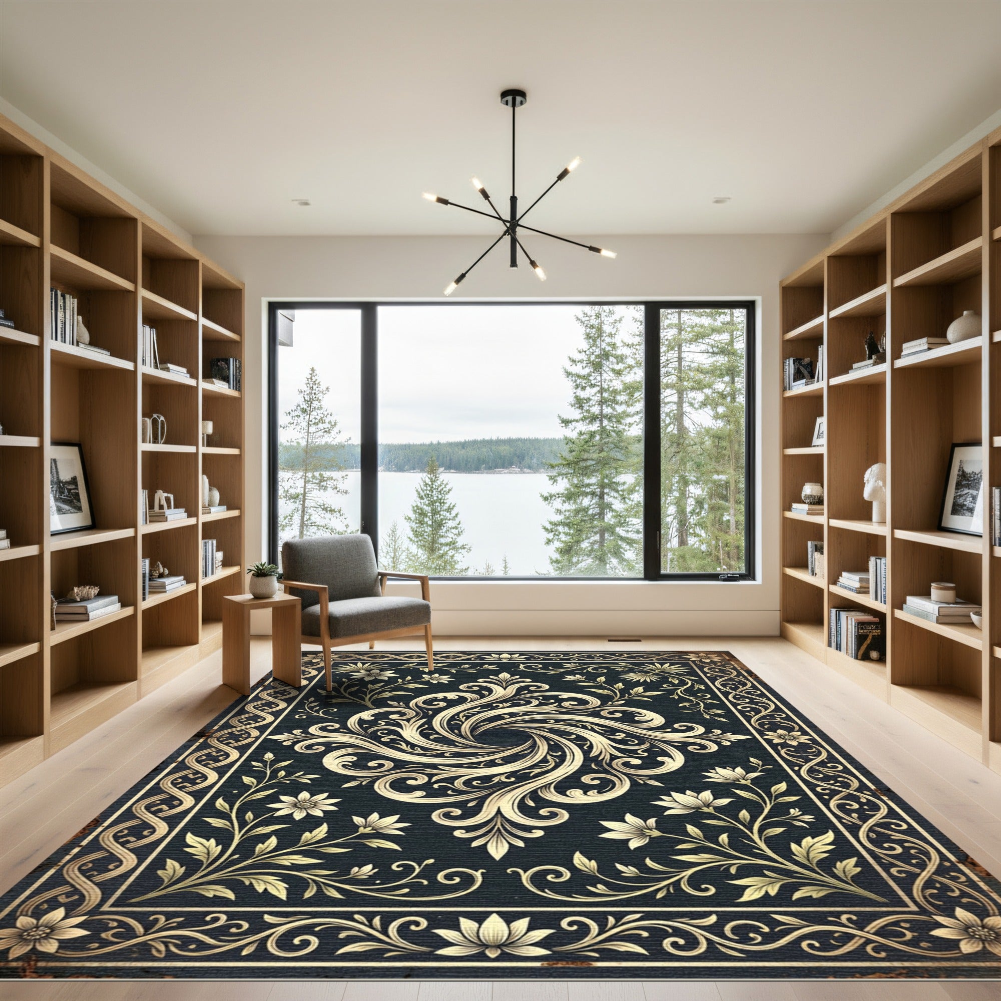 Elegant Navy Floral Swirl Medallion Rug