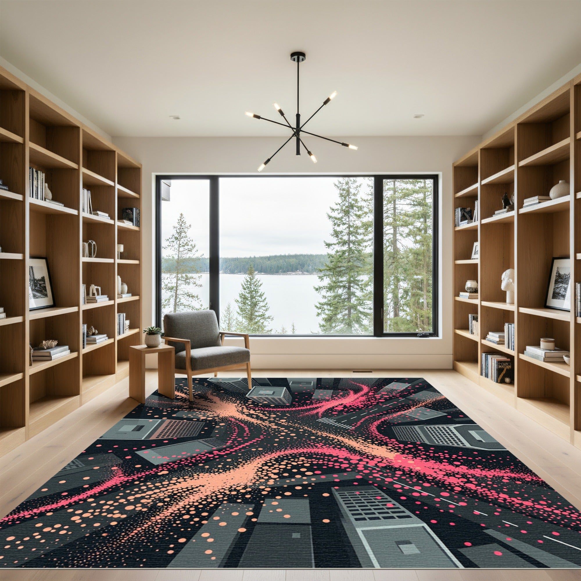 Abstract Cityscape Pink Energy Burst Rug