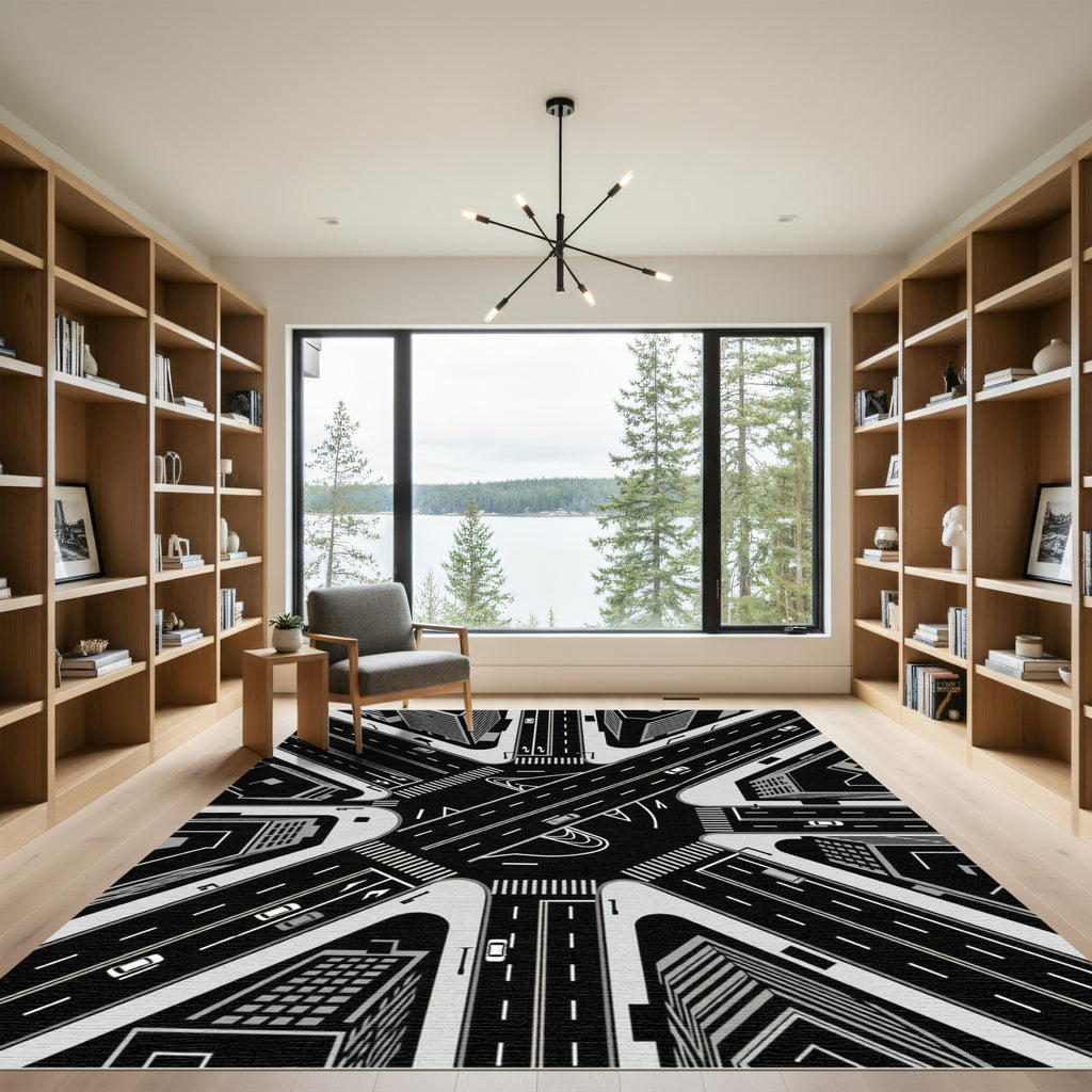 Monochrome Urban Intersection Highway Roads Rug