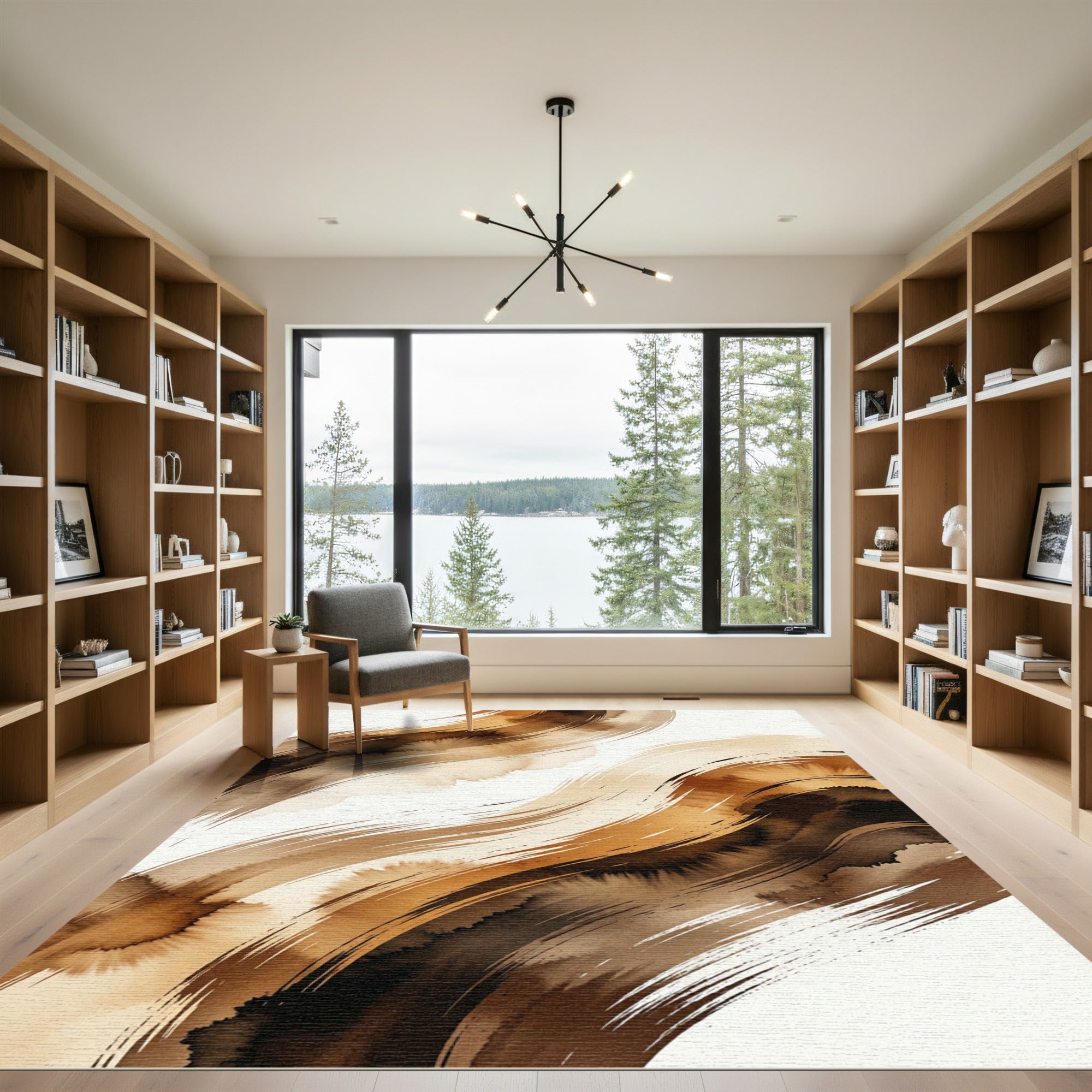 Earthy Brown Abstract Fluid Wave Rug