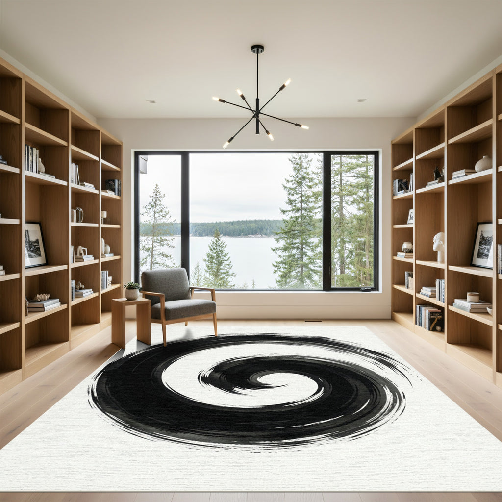 Black Ink Brush Stroke Swirl Rug