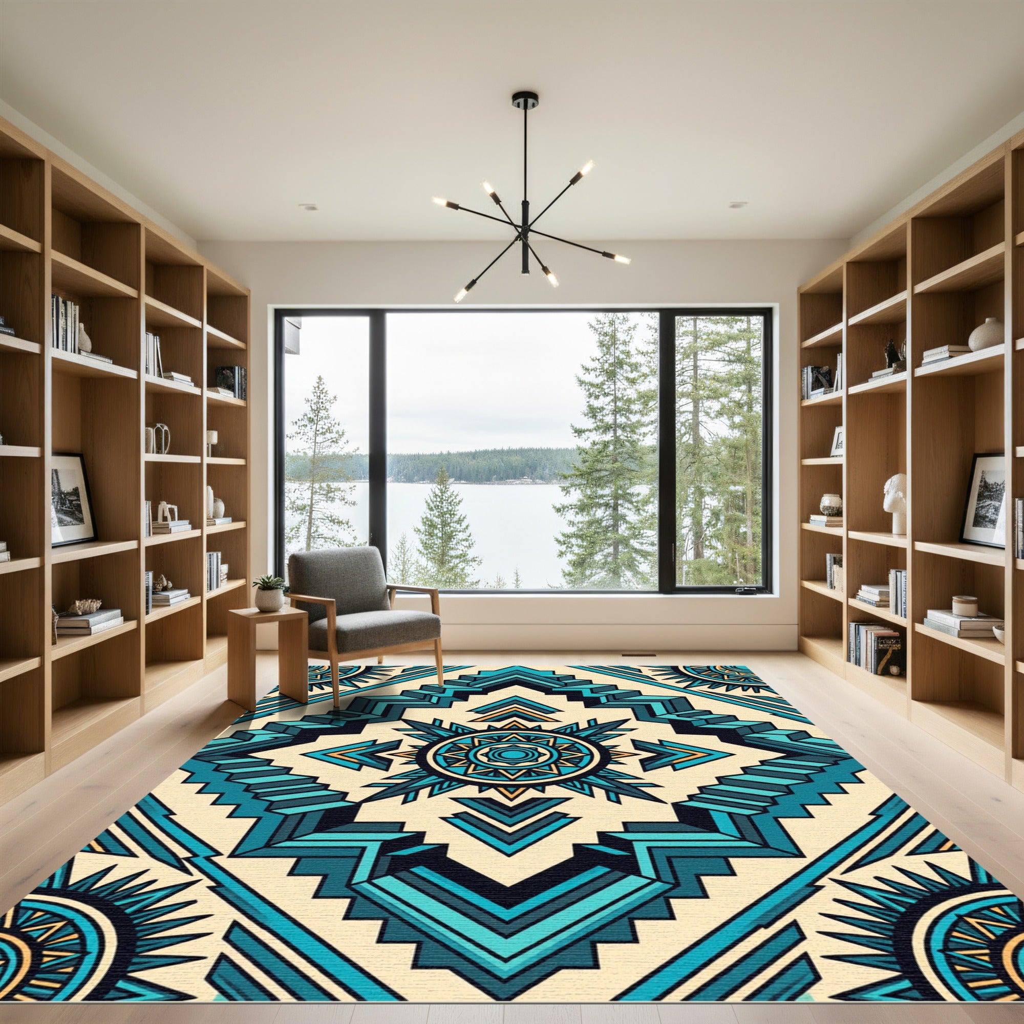 Teal Geometric Aztec Step Medallion Rug